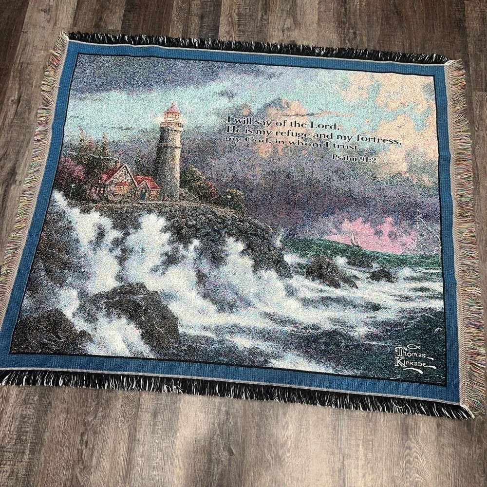 Thomas Kinkade Lighthouse Christian PSALM Woven Tapestry Throw Blanket Vintage